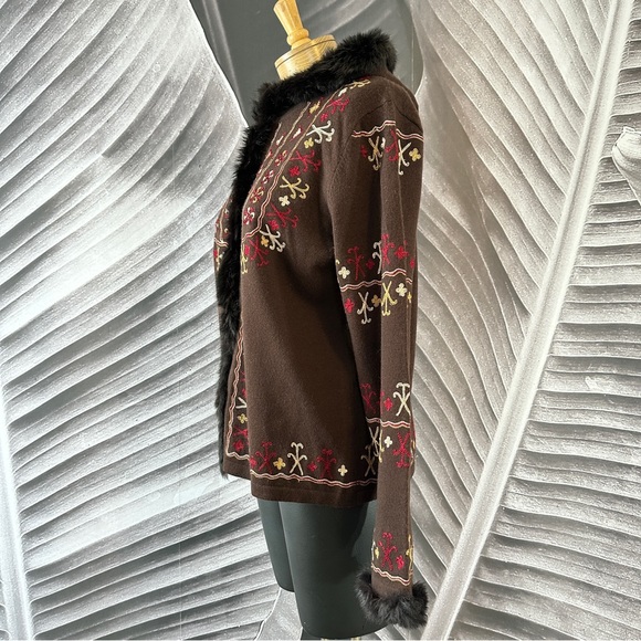 Bohemian Boho L Sweater Cardigan Shacket Merino Wool Rabbit Fut Brown Red Gold - Picture 5 of 16